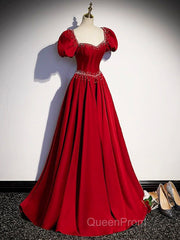 Elegant Burgundy Floor Length Evening Prom Dresses, A-Line Beading Puffy Short Sleeve Backless Evening Dresses