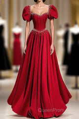 Elegant Burgundy Floor Length Evening Prom Dresses, A-Line Beading Puffy Short Sleeve Backless Evening Dresses