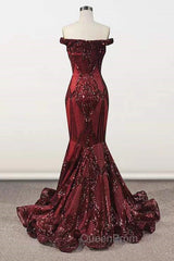 Elegant Burgundy Off-the-shoulder Mermaid Evening Prom Dresses