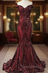 Elegant Burgundy Off-the-shoulder Mermaid Evening Prom Dresses