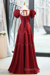 Elegant Burgundy Satin Long Evening Prom Dresses With Beaded, Burgundy Short Sleeve Evening Dresses