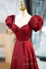 Elegant Burgundy Satin Long Evening Prom Dresses With Beaded, Burgundy Short Sleeve Evening Dresses