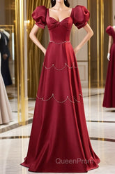 Elegant Burgundy Satin Long Evening Prom Dresses With Beaded, Burgundy Short Sleeve Evening Dresses
