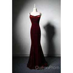 Elegant Burgundy Spaghetti Straps Velvet Mermaid Evening Prom Dresses Evening Dresses