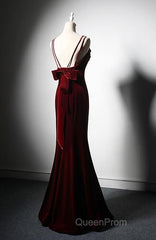 Elegant Burgundy Spaghetti Straps Velvet Mermaid Evening Prom Dresses Evening Dresses