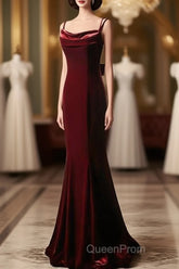 Elegant Burgundy Spaghetti Straps Velvet Mermaid Evening Prom Dresses Evening Dresses