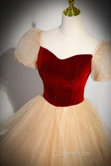 Elegant Burgundy Sparkling Sequin Square Neck Fluffy Short Sleeved Ball Dresses, Burgundy Princess Sheer Backless Strap, Floor Length Layered Ruffle Edge Evening Prom Dresses