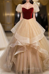 Elegant Burgundy Sparkling Sequin Square Neck Fluffy Short Sleeved Ball Dresses, Burgundy Princess Sheer Backless Strap, Floor Length Layered Ruffle Edge Evening Prom Dresses