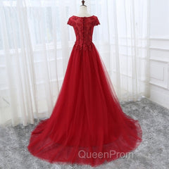 Elegant Cap Sleeve Lace Applique Tulle Party Dresses, Evening Prom Gowns