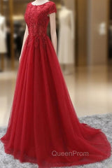 Elegant Cap Sleeve Lace Applique Tulle Party Dresses, Evening Prom Gowns