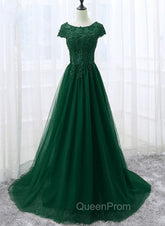 Elegant Cap Sleeve Lace Applique Tulle Party Dresses, Evening Prom Gowns