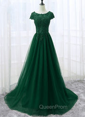 Elegant Cap Sleeve Lace Applique Tulle Party Dresses, Evening Prom Gowns