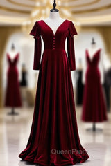 Elegant Dark Burgundy Velvet Long Sleeve Evening Prom Dresses