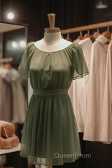 Elegant Dark Green Jewel Short Bridesmaid Dresses With Flowy Chiffon Sleeves