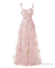 Elegant Embroidery Pink Prom Dresses Sweetheart Spaghetti Straps A Line Party Dress Long Simple Formal Dress