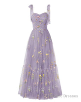 Elegant Embroidery Purple Violet Prom Dresses Sweetheart Spaghetti Straps A Line Party Dress Long Simple Formal Dress