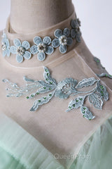 Elegant Green A-Line Princess Evening Prom Dresses, A-Line Lace Evening Party Dresses