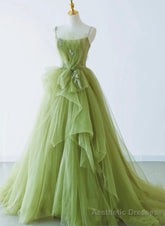Elegant Green Tulle Straps Long Formal Dress, Green Tulle Evening Dress Party Dress