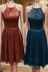 Elegant Halter Lace Teal Cocktail Dresses,Fancy Short Dresses Evening Prom