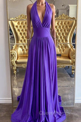 Elegant Halter Neck Backless Purple Long Evening Prom Dresses, Backless Purple Formal Graduation Evening Dresses