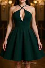 Elegant Halter Neck Dark Green Short Evening Prom Dresses, Dark Green Formal Graduation Homecoming Dresses