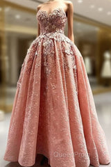 Elegant Handmade Flower Sweetheart Pink Lace Evening Prom Dresses