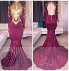 Elegant High-Neck Long-Sleeves Gold-Appliques Backless Evening Prom Dresses
