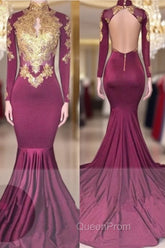 Elegant High-Neck Long-Sleeves Gold-Appliques Backless Evening Prom Dresses