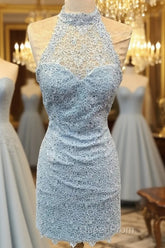 Elegant High Neck Open Back Lace Homecoming Dresses Sheath Party Dresses