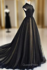 Elegant High Neck Evening Prom Dresses Black Formal Dresses A Line Floor Length Evening Dresses