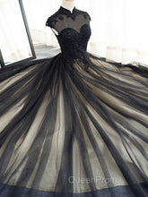 Elegant High Neck Swee Train Rhinestone Evening Prom Dresses, Black Evening Dresses