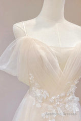 Elegant Ivory Tulle with Lace Long Off Shoulder Party Dress A-line Prom Dress prom dresses shops
