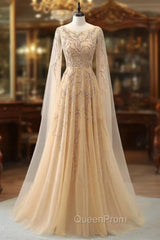 Elegant Jewel Long Sleevess Ruffle Evening Prom Dresses with Beadings On Sale