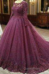 Elegant Lace Long Sleeves Evening Prom Ball Gown Dresses