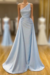 Elegant Light Blue One-shoulder Overskirt Soft-pleated Evening Prom Dresses