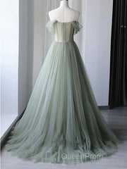 Elegant Light Green A-Line Tulle Off The Shoulder Long Evening Prom Dresses Evening Dresses,