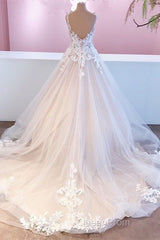 Elegant Long A-Line Appliques Lace Tulle Sweetheart Backless Wedding Dresses