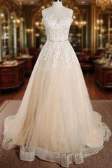 Elegant Long A-line Appliques Lace Tulle Wedding Dresses