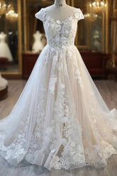 Elegant Long A-Line Bateau Backless Appliques Lace Tulle Wedding Dresses