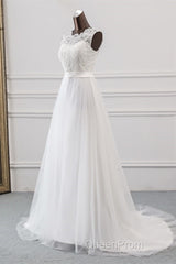 Elegant Long A-line Jewel Tulle Appliques Lace Wedding Dresses