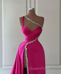 Elegant Long A-line One Shoulder Sweetheart Sleeveless Satin Evening Prom Dresses With Slit