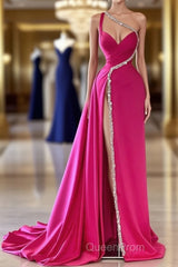 Elegant Long A-line One Shoulder Sweetheart Sleeveless Satin Evening Prom Dresses With Slit