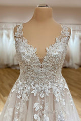Elegant Long A-Line Sweetheart Appliques Lace Tulle Wedding Dresses