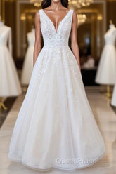 Elegant Long A-line V-neck Appliques Lace Tulle Backless Wedding Dresses