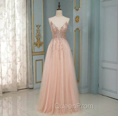 Elegant Long A-line V-neck Sequins Tulle Backless Evening Prom Dresses