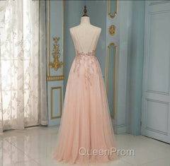 Elegant Long A-line V-neck Sequins Tulle Backless Evening Prom Dresses