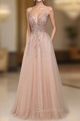Elegant Long A-line V-neck Sequins Tulle Backless Evening Prom Dresses