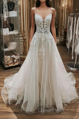 Elegant Long A-line V Neck Spaghetti Straps Lace Tulle Wedding Dresses