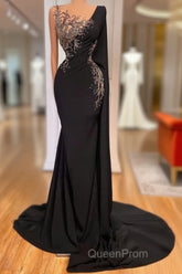 Elegant Long Black Mermaid Beading Lace Evening Prom Dresses