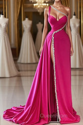 Elegant Long Fuchsia One Shoulder Jewels Sleeveless Evening Prom Dresses Long Slit Online